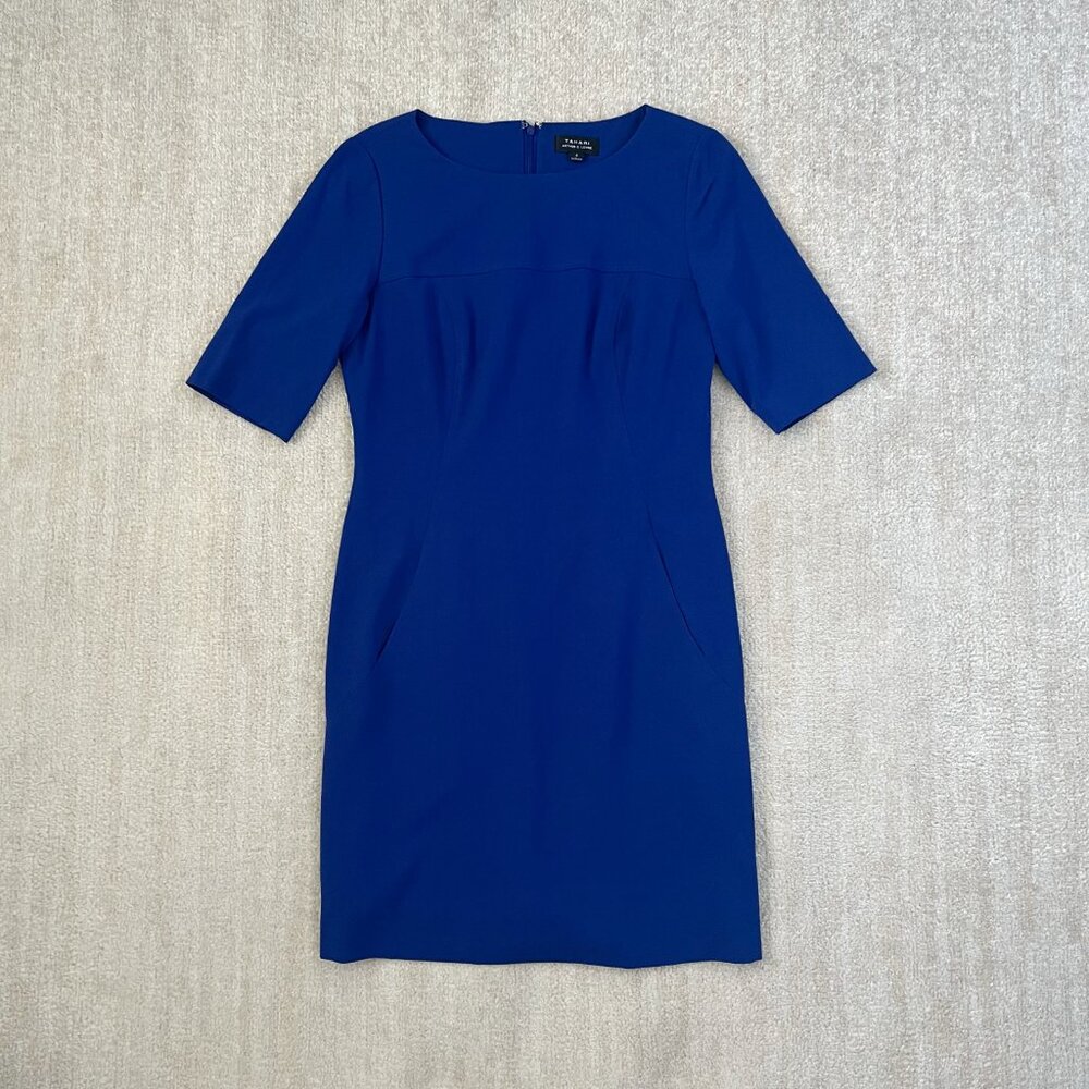 Tahari Arthur S Levine Blue Short Sleeve Work Midi Dress With Pockets 6